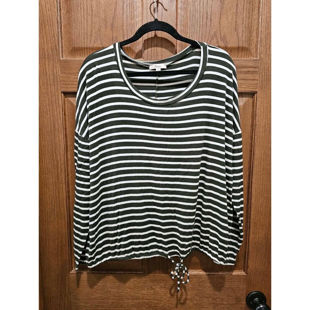 [2X] Fotia Tie-Waist Green and White Stripped Long Sleeve